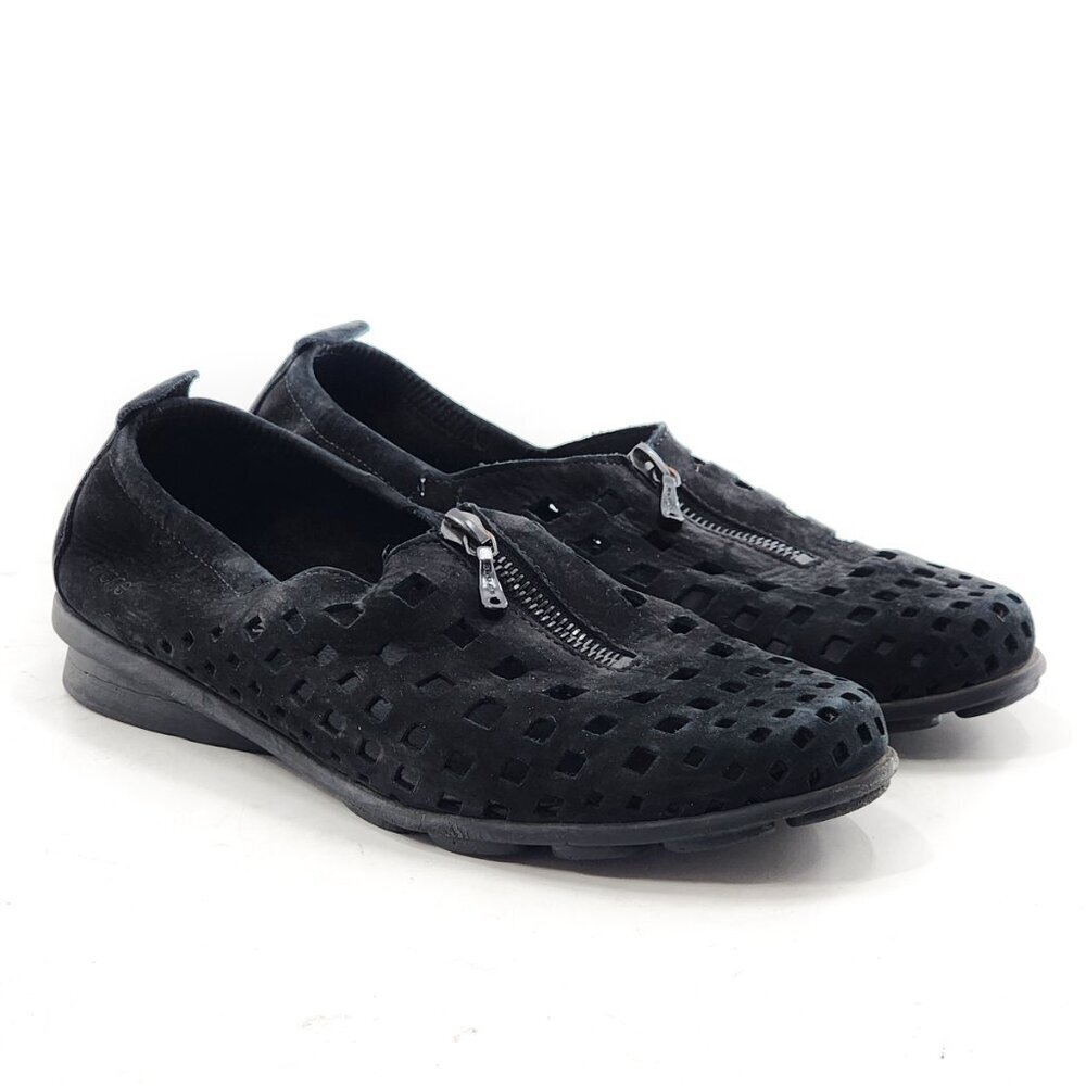 ARCHE Black Nubuck Leather Perforated Flats Zip